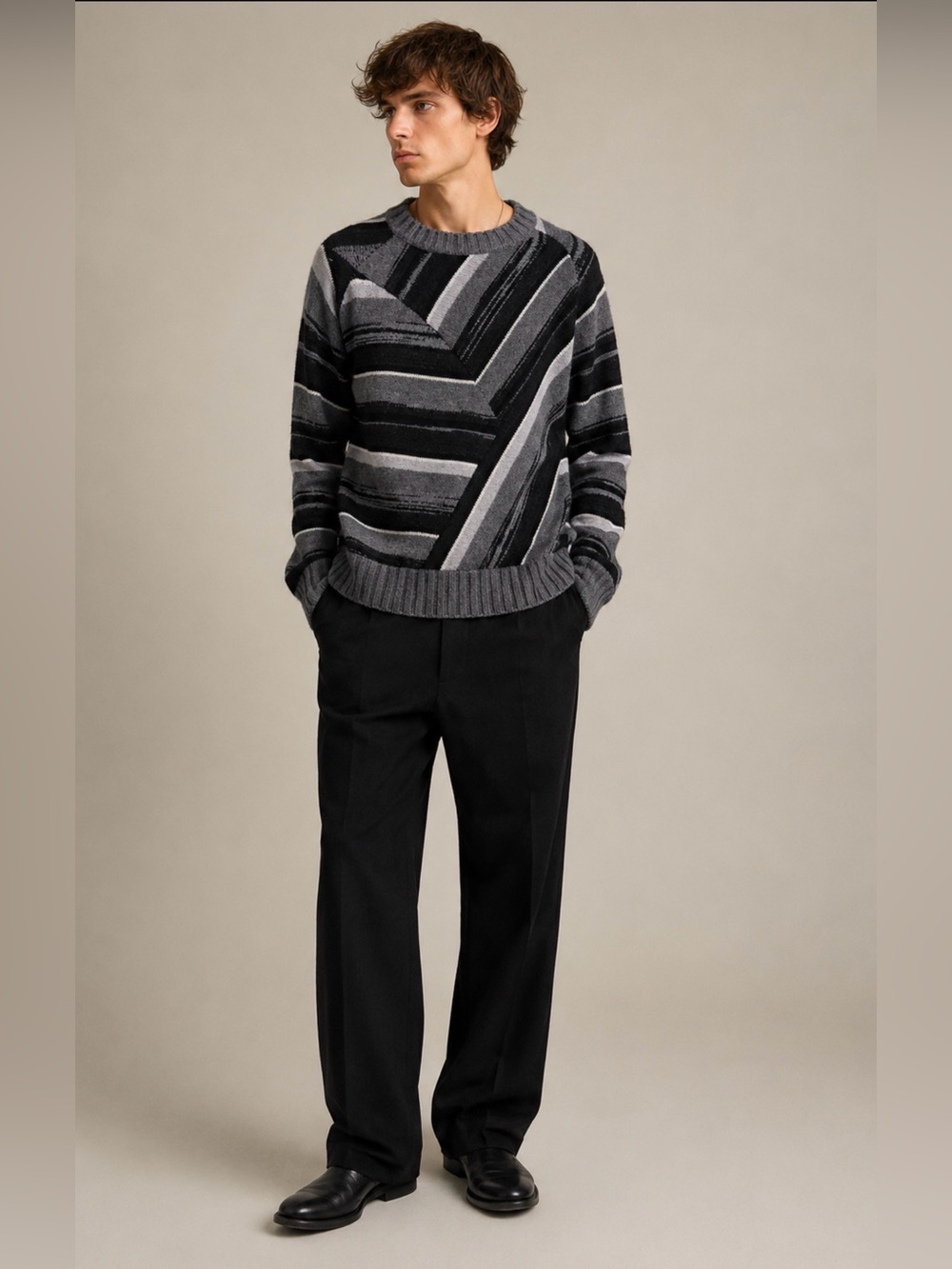 Helmut Lang Oversized Striped Wool Yak Cashmere Crewneck Sweater Men's Large